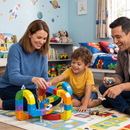 Pai e mãe montando a pista magnética junto com o filho no quarto